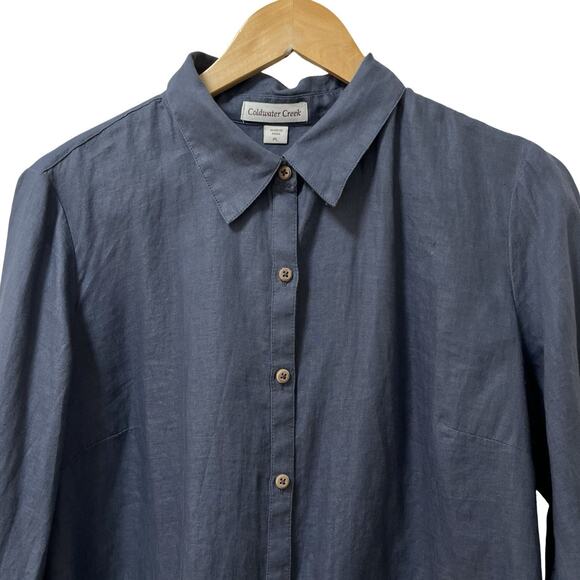 Coldwater Creek Womens 100% Linen Button Up Shirt Size LP Blue Coastal Beachy - Picture 3 of 8